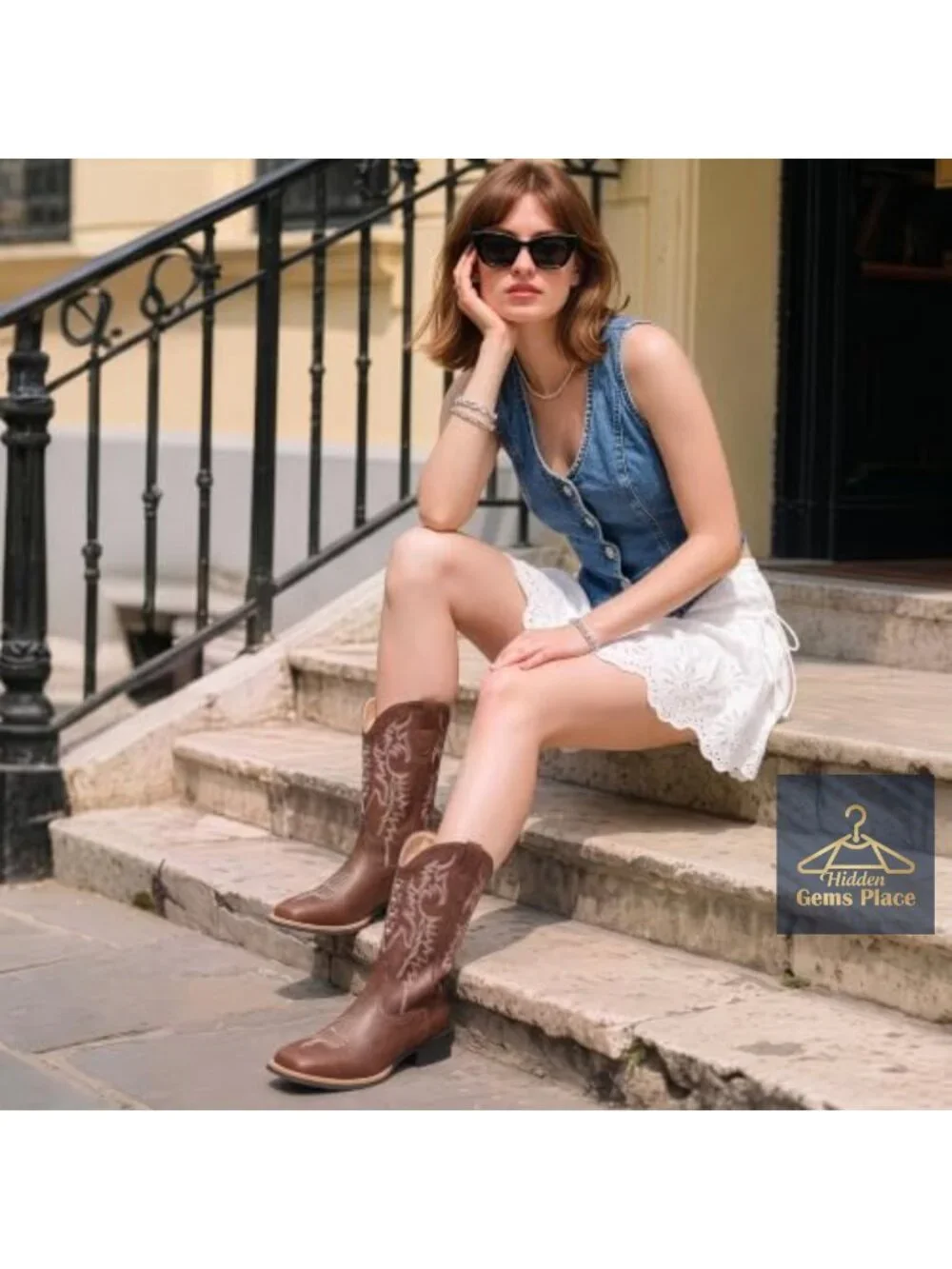 Womens Square Toe Cowboy Boots Wide Calf Faux Leather Pull-On Mid-Calf